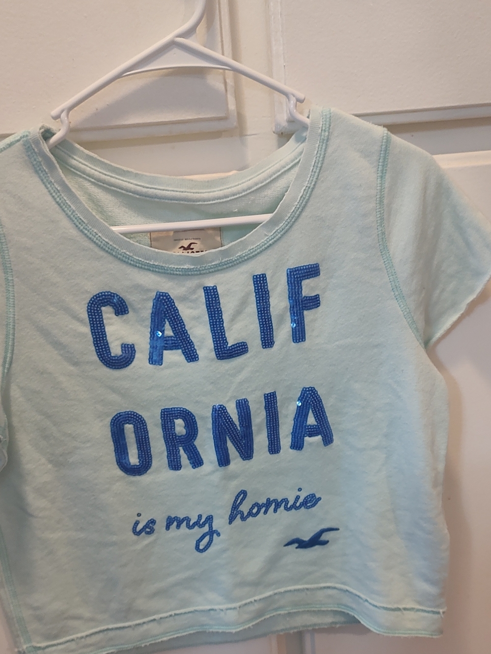 Hollister Light Aqua Sequin 'California' Crop Tee
